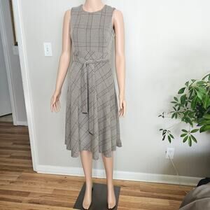 Calvin Klein Sleeveless Plaid Fit & Flare Midi Dress with Tie Waist Size 8P